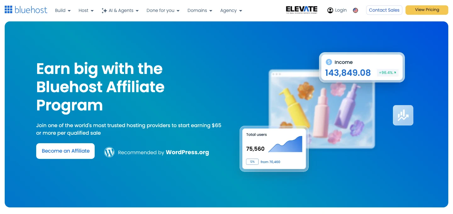 Bluehost affiliate program page: earn big, 65 dollars per sale