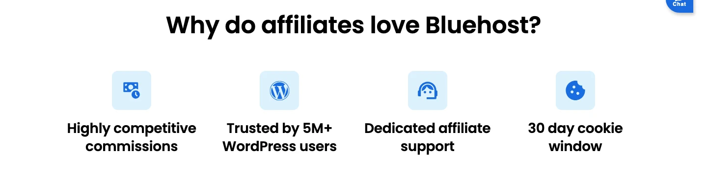 Why do affiliates love Bluehost: commissions, WordPress users, dedicated support, 30 day cookie window