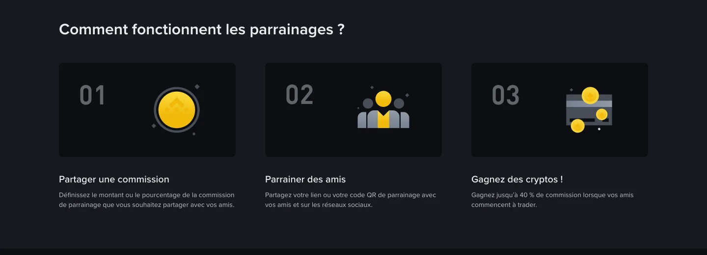 Page de parrainage Binance : le fonctionnement en trois étapes, partager une commission, parrainer des amis, gagner des cryptos