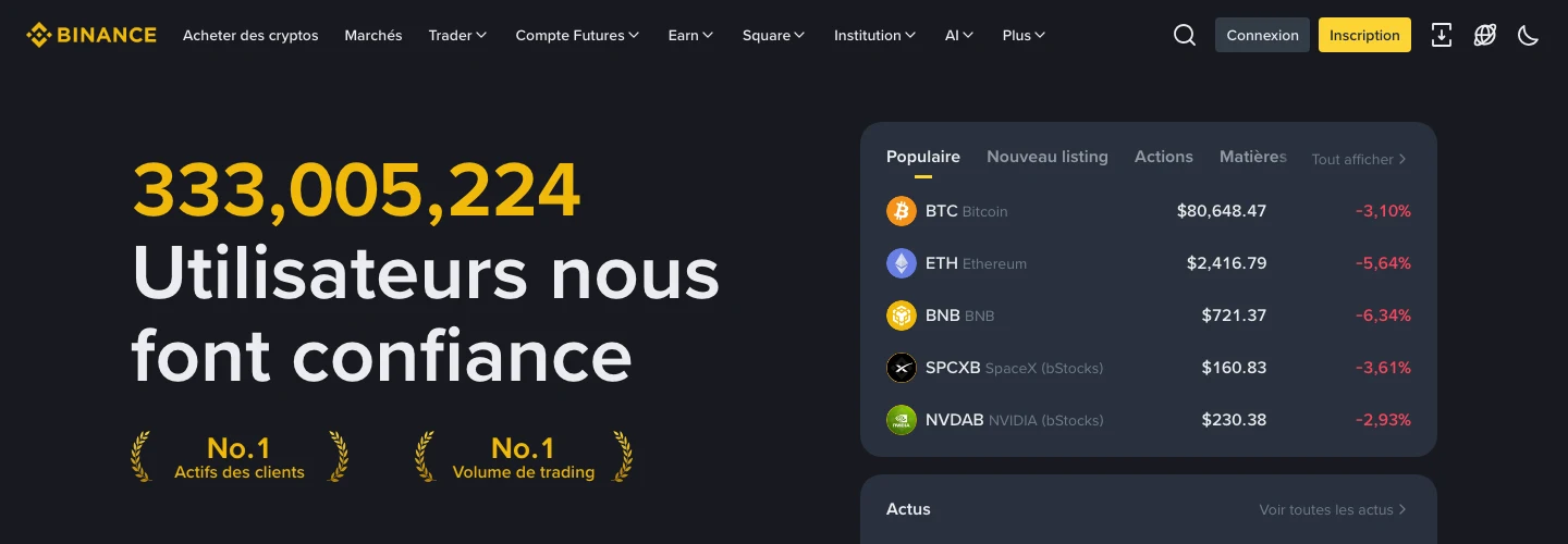 Page d’accueil de Binance avec le titre « Utilisateurs nous font confiance » et le bouton Inscription