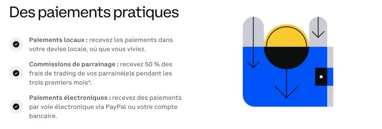 Page d’affiliation Coinbase : des paiements pratiques, paiements locaux, 50 % des frais de trading des parrainés pendant les trois premiers mois, PayPal ou compte bancaire