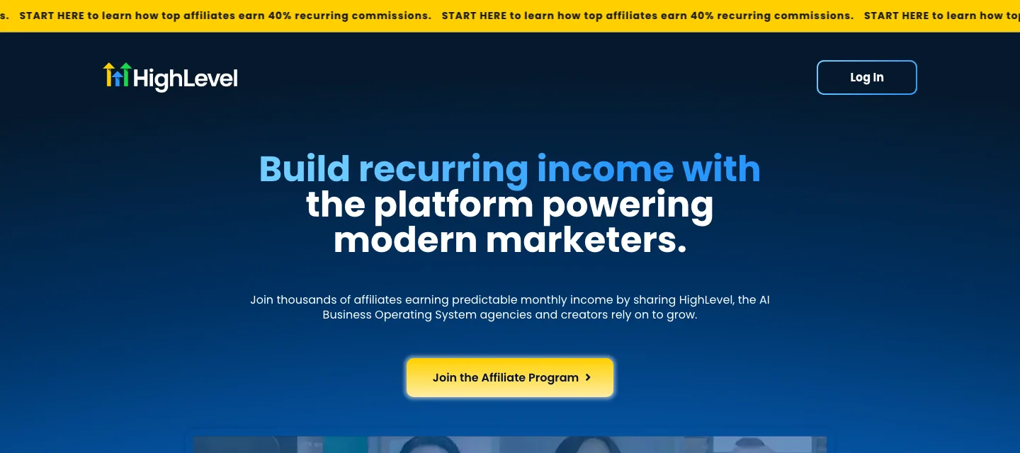 HighLevel affiliate page: build recurring income with 40% recurring commissions and a Join the Affiliate Program button