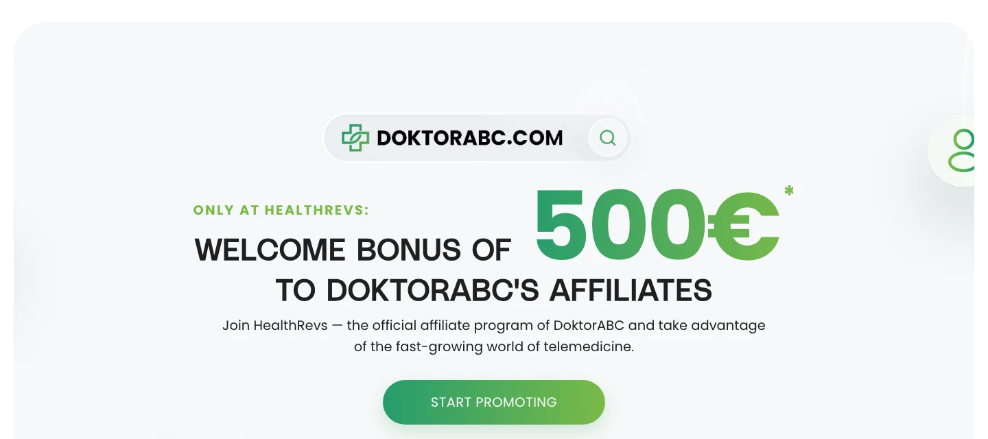 HealthRevs home page: welcome bonus of 500 euros for DoktorABC affiliates