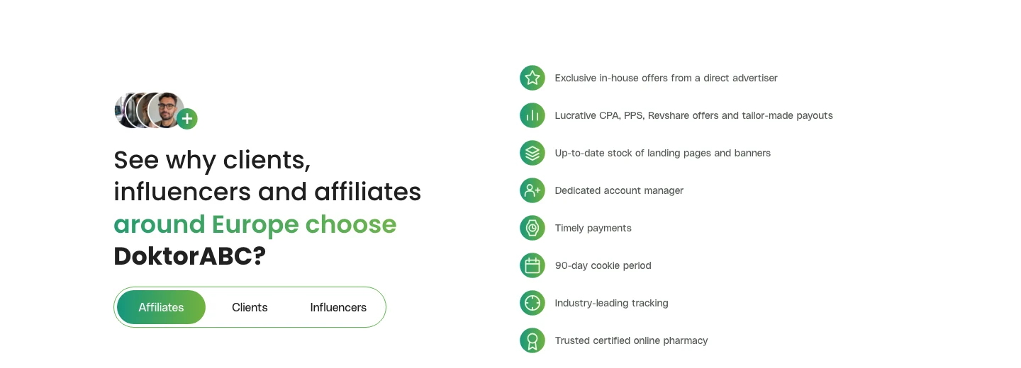 HealthRevs page listing what affiliates get: direct advertiser offers, account manager, 90-day cookie period