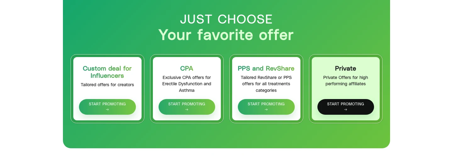HealthRevs page: custom deal for influencers, CPA, PPS and RevShare, private offers