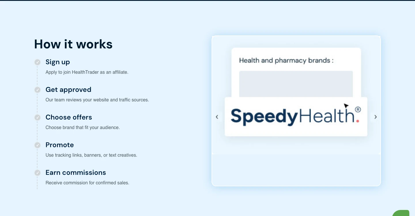 HealthTrader how it works: sign up, get approved, choose offers, promote, earn commissions