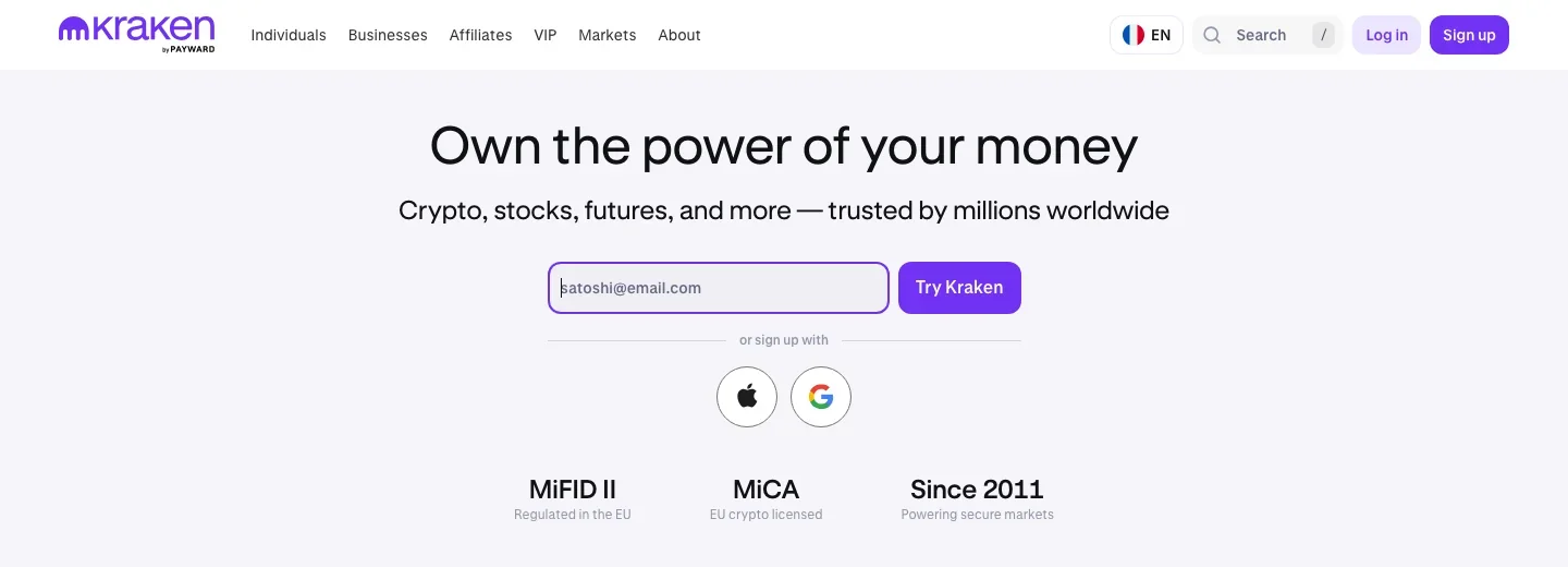 Kraken home page with the headline Own the power of your money and an email sign-up form