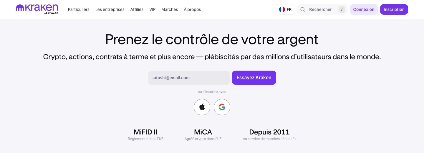 Page d'accueil de Kraken avec le titre Prenez le contrôle de votre argent et un formulaire d'inscription par e-mail