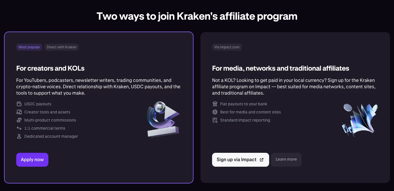 Kraken affiliate page showing the two ways to join: creators and KOLs, or media, networks and traditional affiliates through Impact