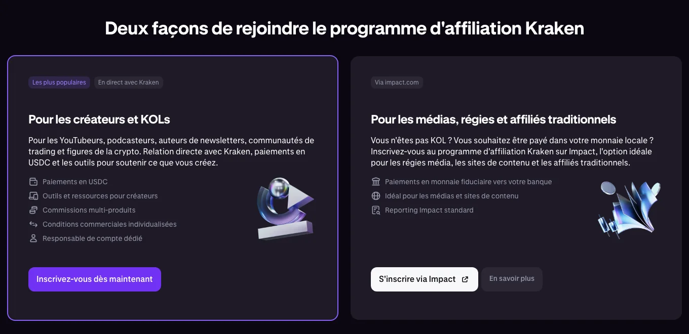 Page d'affiliation Kraken présentant les deux parcours : créateurs et KOL, ou médias, régies et affiliés traditionnels via Impact