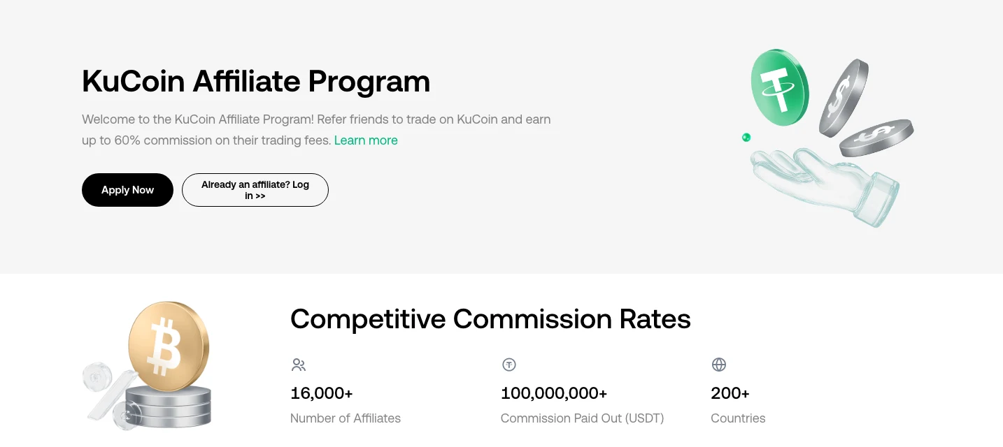 KuCoin affiliate program page: up to 60% commission on trading fees, 16,000+ affiliates, 100,000,000+ USDT paid out, 200+ countries