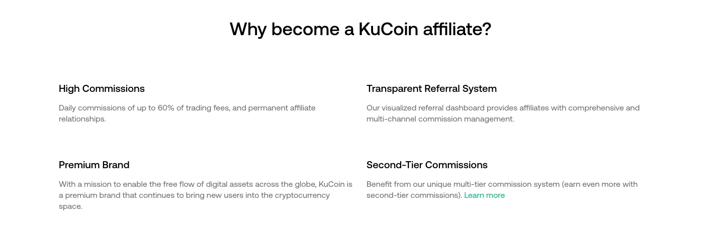 KuCoin affiliate page: why become an affiliate, high commissions, referral dashboard, premium brand, second-tier commissions