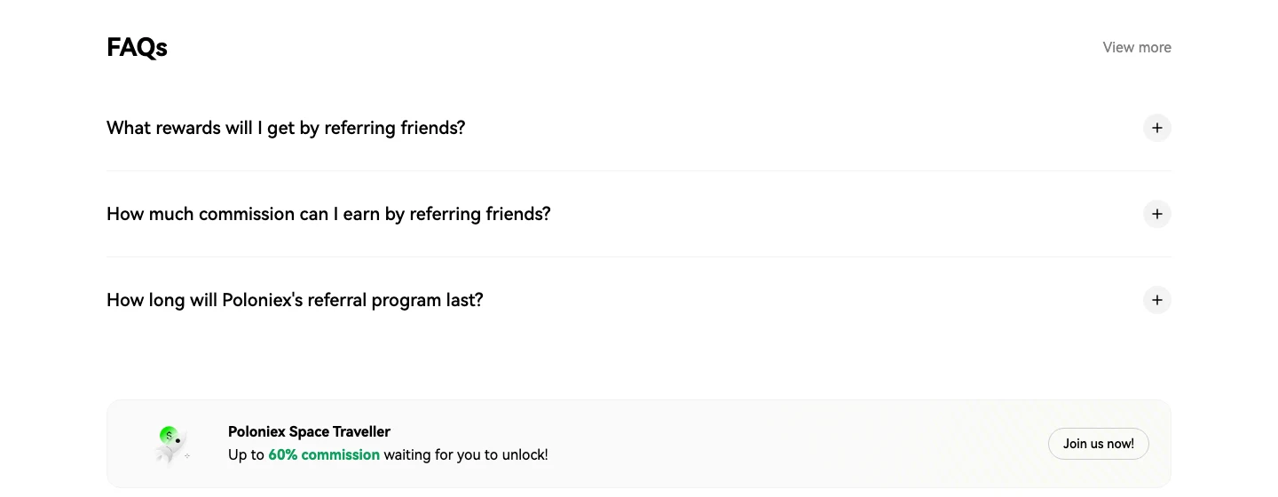 Poloniex referral page: FAQ and the Poloniex Space Traveller banner, up to 60% commission