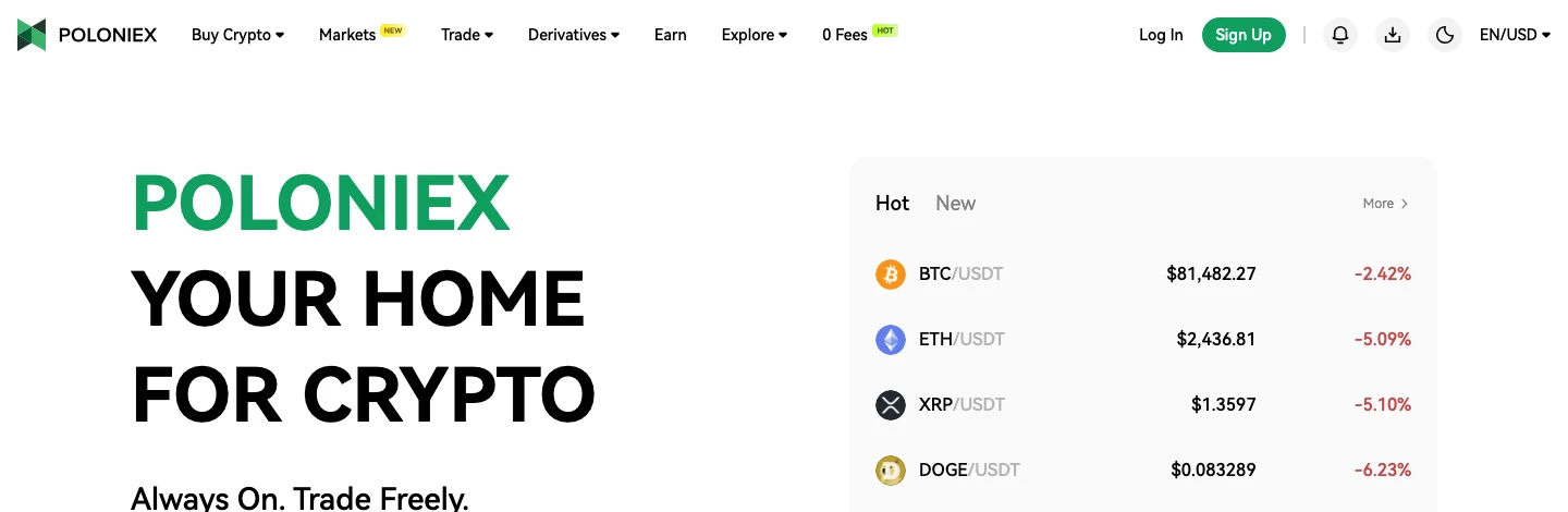 Poloniex home page with the headline Poloniex, your home for crypto, and a sign-up button