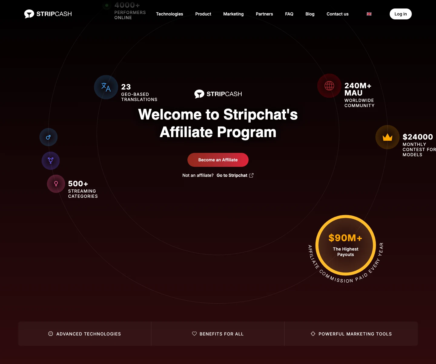 Stripcash home page: welcome to Stripchat's affiliate program, 90 million dollars in commissions