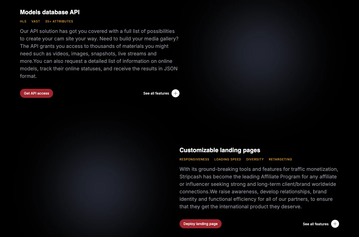 Stripcash models database API and customizable landing pages