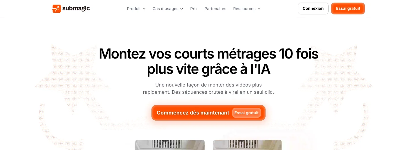 Page d'accueil de Submagic avec le titre Montez vos shorts 10 fois plus vite avec l'IA